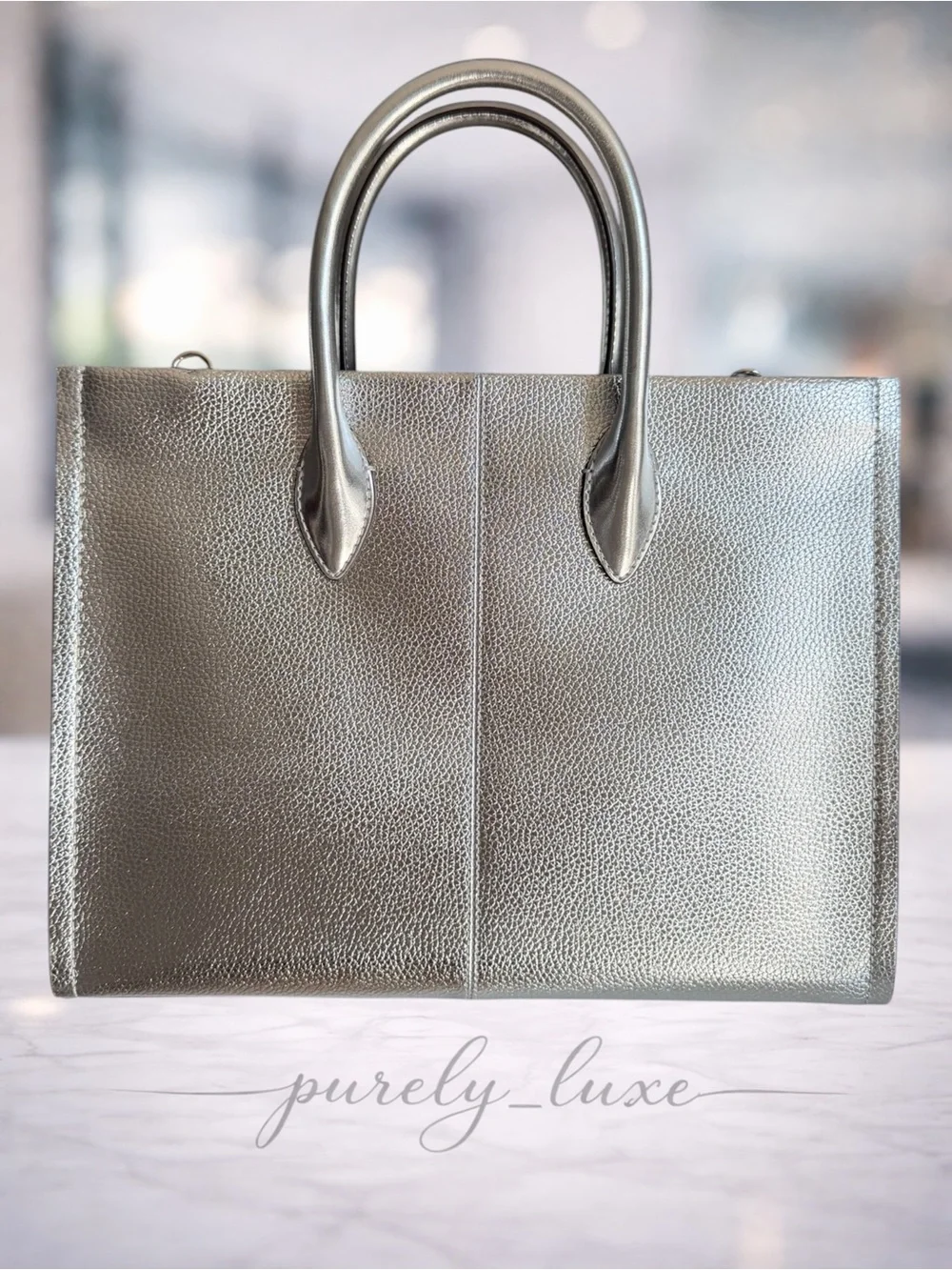 Michael Kors Scarlett Silver Metallic Pebbled Leather Tote with Logo Strap